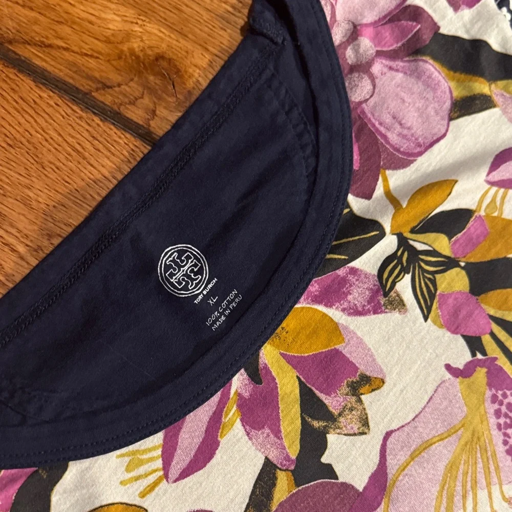 Tory Burch Floral Contrast-Sleeve Long Sleeve Tee in Pink, Yellow, Black - Picture 2 of 6